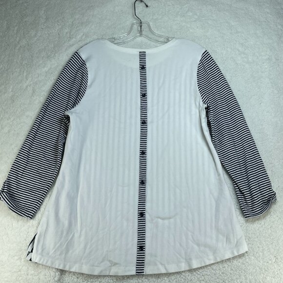 E.L.I. Sweater Womens Large White Black Stripe Cotton Blend Top Buttons Peru - Picture 2 of 7